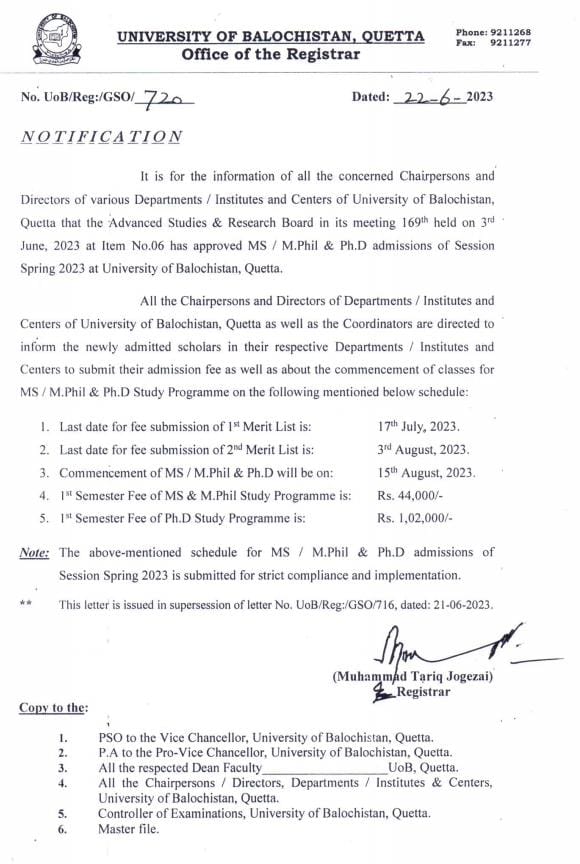 university of balochistan last date Admission Spring 2023